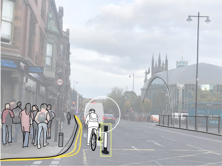 Percy Street back to car dominant, with illustration of what it was like when the pop-up cycle lane existed. 2021.