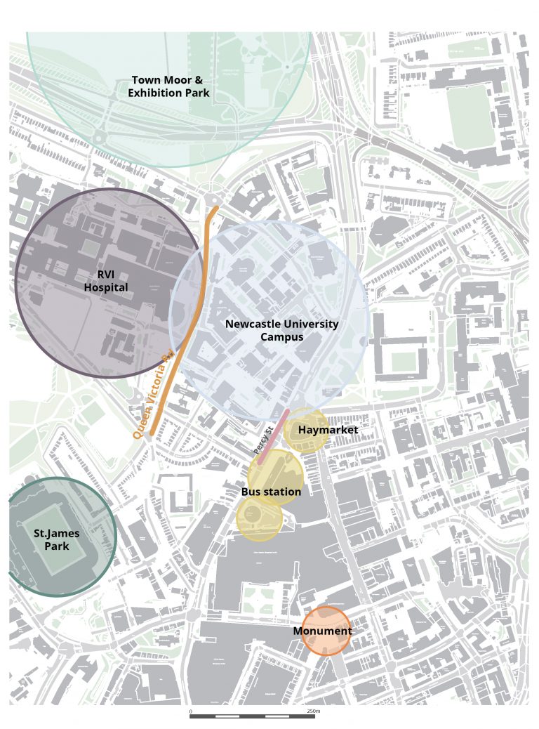 Map of Newcastle City Centre: Queen Victoria Rd & Percy St, 2021.