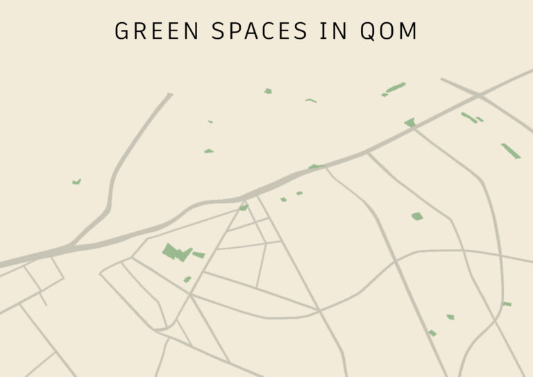 showing the limited distribution of green spaces in Qom